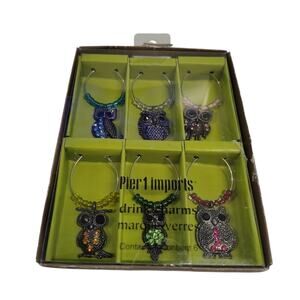 Pier 1 Imports Owl Beaded Wine Glass Drink Charms Set of 6
